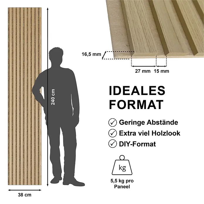 acous Akustikpaneel Economico - Eiche hellbraun / beiger Filz, 2.400 x 380 x 16,5 mm - Helles Holzlamellen-Wandpaneel, 240x38cm, mit 27mm breiten Lamellen und 15mm Zwischenräumen, 16,5mm dick, ideal für DIY-Projekte.