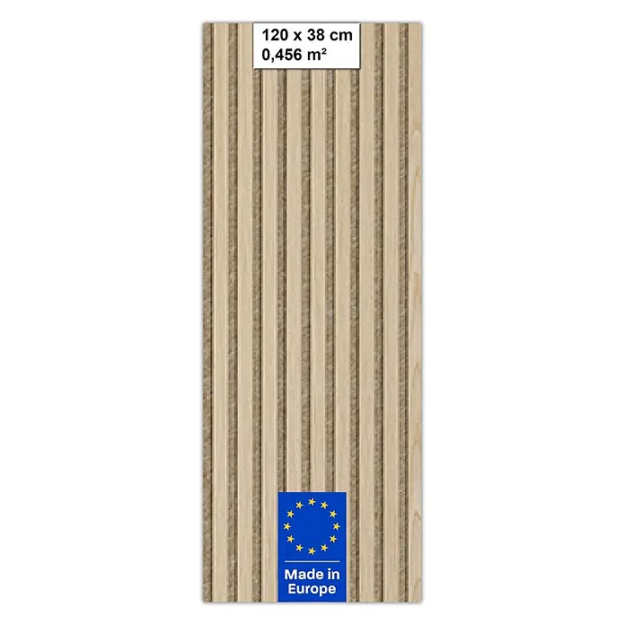 Akustikpaneel Acous Economico - Eiche hellbraun / beiger Filz, 1.200 x 380 x 16,5 mm - Helle Holzlamellenplatte, 120 x 38 cm (0,456 m²), hergestellt in Europa.