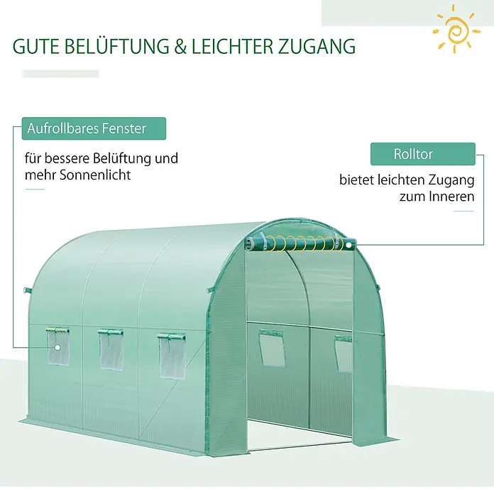 Furnicato Gewächshaus - Außenmaß inkl. Dachüberstand (B x T): 200 x 300 cm, Material Seitenwand: Kunststoff, 14 mm, silber - Grünes Gewächshaus mit aufrollbaren Fenstern für Belüftung/Sonnenlicht und Rolltor für leichten Zugang.