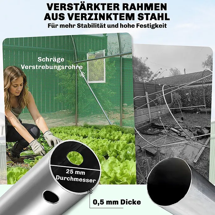 Outsunny Gewächshaus - 200 x 300 cm, Material Seitenwand: Kunststoff, 0,3 mm, Grün - Verstärkter Rahmen aus verzinktem Stahl für Gewächshäuser mit schrägen Streben, 25mm Durchmesser und 0,5mm Wandstärke, für hohe Stabilität.