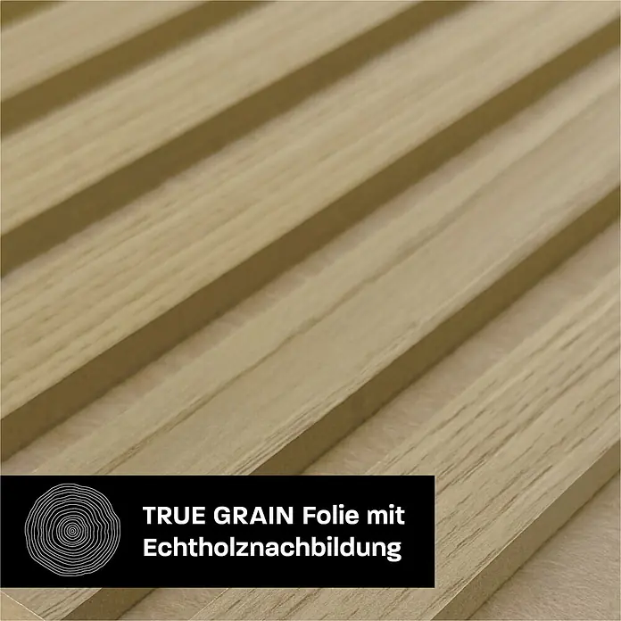 acous Akustikpaneel Economico - Eiche hellbraun / beiger Filz, 2.400 x 380 x 16,5 mm - Helle, geriffelte Platte mit TRUE GRAIN Echtholznachbildungsfolie, die eine realistische Holzmaserung zeigt.