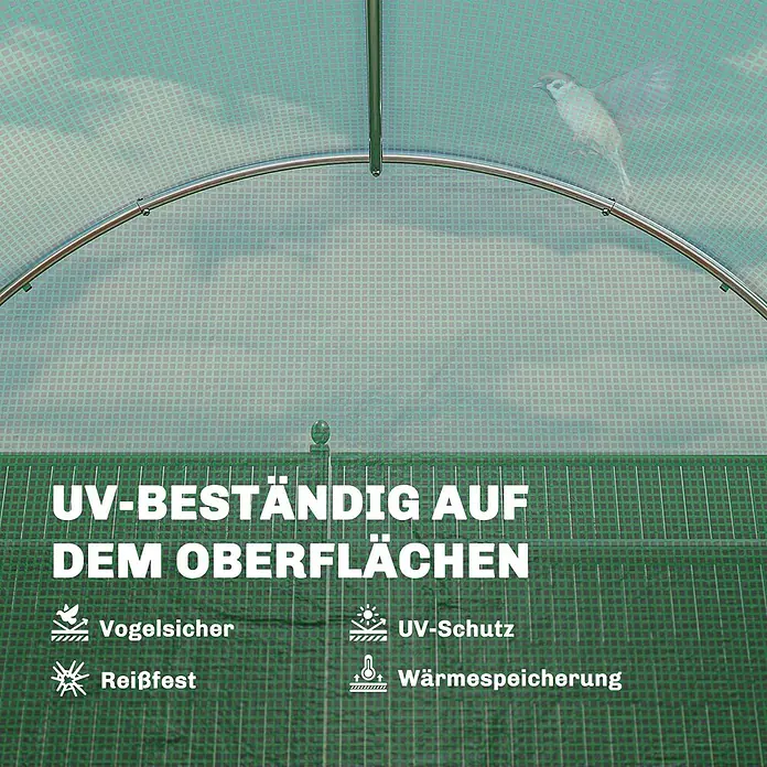 Outsunny Gewächshaus - 200 x 300 cm, Material Seitenwand: Kunststoff, 0,3 mm, Grün - Grüne, gitterverstärkte Gewächshausfolie auf Metallbögen, mit UV-Schutz, Reißfestigkeit, Vogelschutz und Wärmespeicherung.