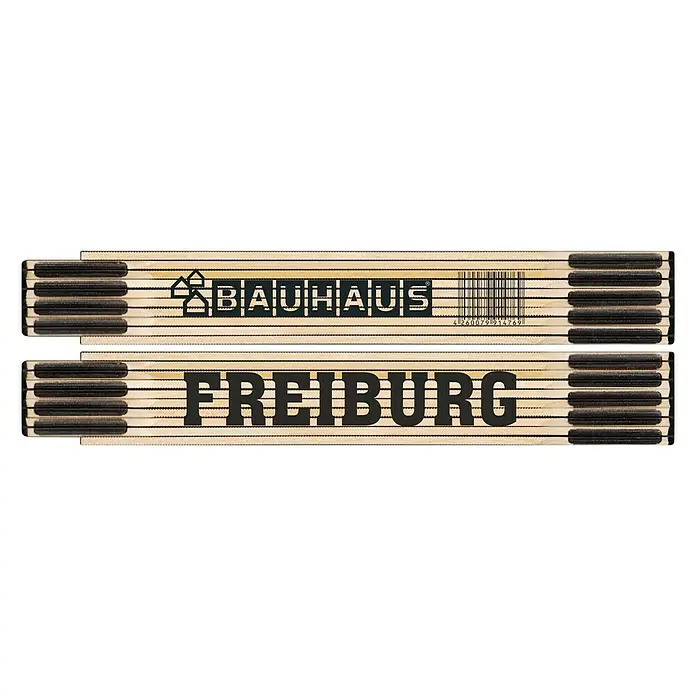 BAUHAUS Zollstock - Freiburg, 2 m - Ein Zollstock der Marke Bauhaus und Freiburg mit einem Barcode und schwarzer Schrift, ideal für Heimwerker und Profis.