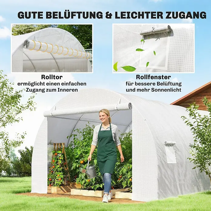 Furnicato Gewächshaus - 300 x 300 cm, Material Seitenwand: Kunststoff, 14 mm, silber - Weißes Gitterfolien-Gewächshaus/Anzuchttunnel mit Rolltor und Rollfenster für einfachen Zugang und gute Belüftung der Pflanzen.