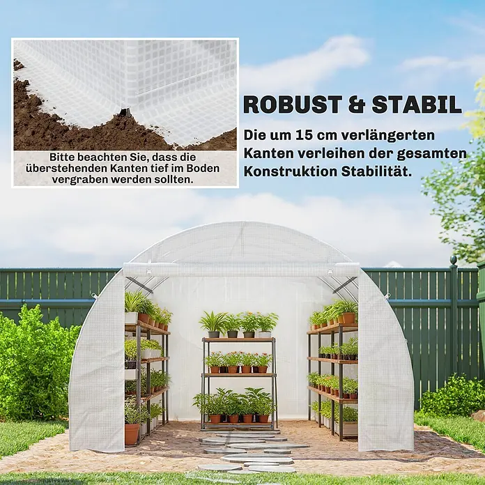 Furnicato Gewächshaus - 300 x 300 cm, Material Seitenwand: Kunststoff, 14 mm, silber - Weißes Gewächshaus mit Gitterfolie, das durch die 15 cm langen, im Boden vergrabenen Kanten stabilisiert wird. Innen sind Pflanzenregale zu sehen.