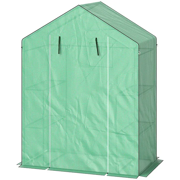 Furnicato Gewächshaus - 74 x 143 cm, Material Seitenwand: Kunststoff, 14 mm, grün - Grünes, tragbares Gewächshaus in Hausform mit durchscheinender Abdeckung und sichtbaren Regalen.