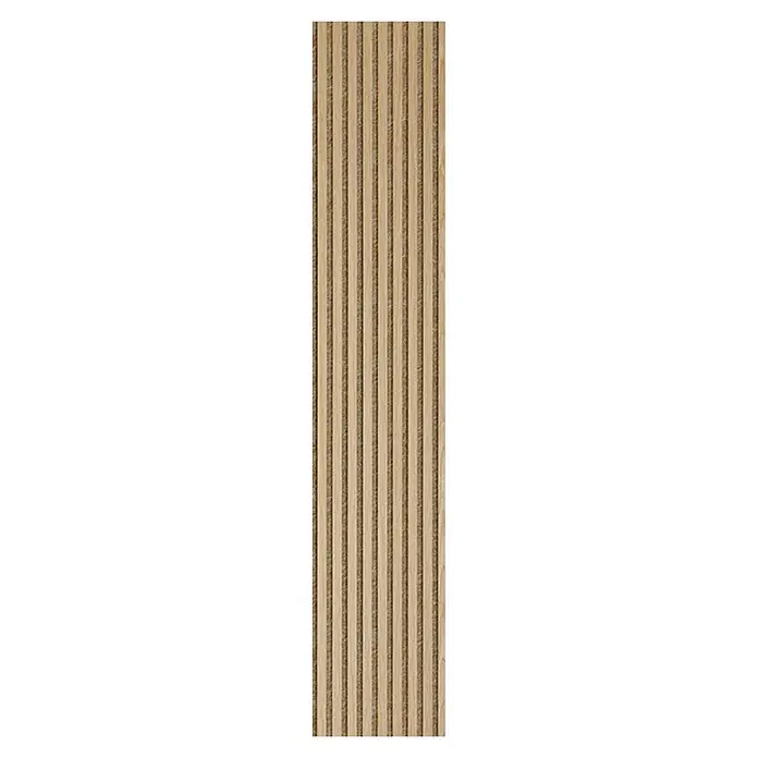 acous Akustikpaneel Economico - Eiche hellbraun / beiger Filz, 2.400 x 380 x 16,5 mm - Vertikale hellbraune Holzlamellenverkleidung, ideal für akustische oder dekorative Wandgestaltung.