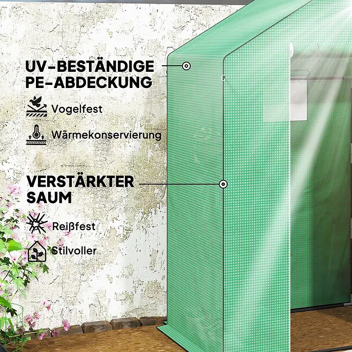 Outsunny Gewächshaus - 143 x 74 cm, Material Seitenwand: Kunststoff, 0,3 mm, Grün - Gewächshaus mit grüner, netzverstärkter PE-Abdeckung, UV-beständig, vogelfest, wärmekonservierend und mit verstärktem, reißfestem Saum.