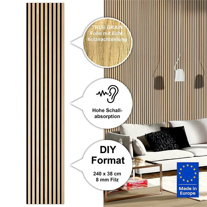 acous Akustikpaneel Economico - Eiche Hellbraun /schwarzer Filz, 2.400 x 380 x 16,5 mm - Akustik-Wandpaneel in Holzoptik mit Echtholzfolie und 8mm Filzrückseite, ideal zur Schalldämmung in Innenräumen.
