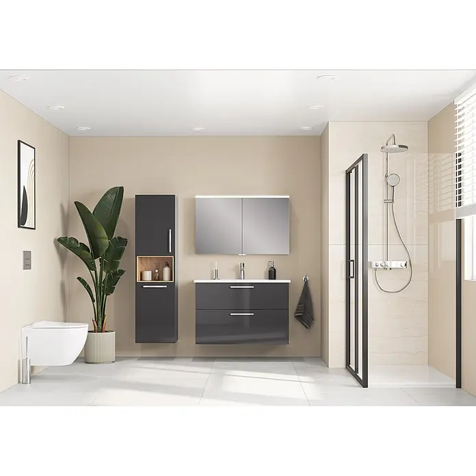 VitrA Hochschrank Root Flat - B x T x H: 42 x 36 x 155 cm, Anthrazit, DIN Anschlag: Rechts - Modernes Badezimmer mit dunkelgrauem Waschtisch, weißem Waschbecken und passendem Hochschrank mit offenem Holzregal.