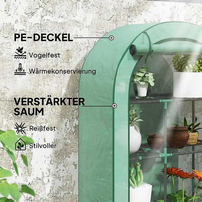 Outsunny Gewächshaus - 100 x 45 cm, Material Seitenwand: Kunststoff, 0,3 mm, Dunkelgrau - Grüner PE-Gewächshausüberzug mit verstärktem Saum, vogelfest und wärmeerhaltend, zeigt Topfpflanzen.