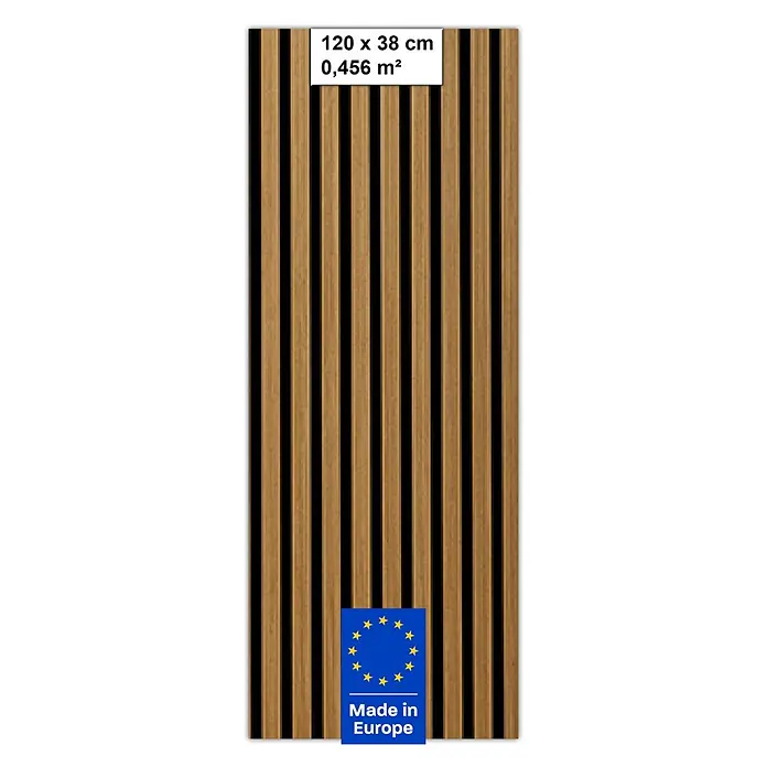 Akustikpaneel Acous Economico - Eiche rustikal / schwarzer Filz, 1.200 x 380 x 16,5 mm - Helles Holzlamellen-Akustikpaneel mit schwarzem Filz, 120 x 38 cm.