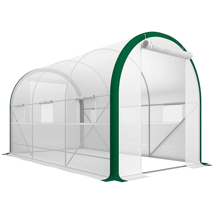 Furnicato Gewächshaus - Außenmaß inkl. Dachüberstand (B x T): 210 x 358 cm, Material Seitenwand: Stahl, 14 mm, Grau - Weißes, durchscheinendes Bogengewächshaus mit grünem Saum und Metallrahmen, mit aufrollbaren Fenstern/Lüftungen.
