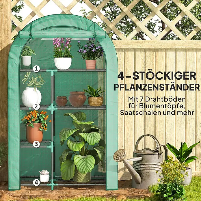 Outsunny Gewächshaus - 100 x 45 cm, Material Seitenwand: Kunststoff, 0,3 mm, Dunkelgrau - Kompaktes grünes Gewächshaus mit 4 Etagen und 7 Drahtböden für Pflanzen, im Garten gezeigt.