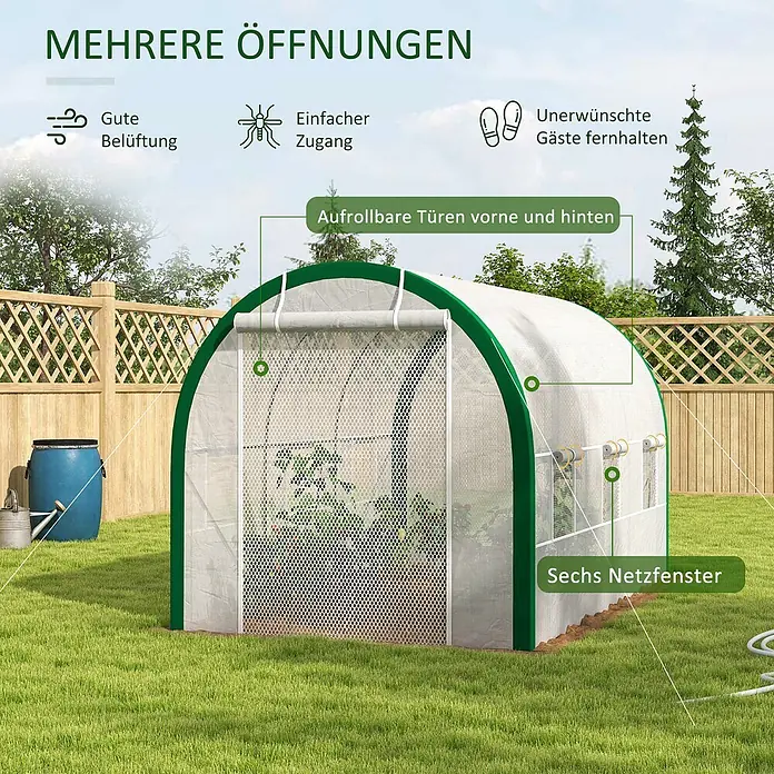Furnicato Gewächshaus - Außenmaß inkl. Dachüberstand (B x T): 210 x 358 cm, Material Seitenwand: Stahl, 14 mm, Grau - Weißes und grünes Netz-Gewächshaus mit Rolltüren und sechs Fenstern für Belüftung und einfachen Zugang im Garten.