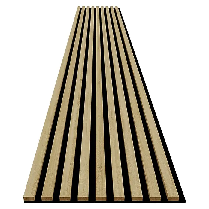 acous Akustikpaneel Economico - Eiche Hellbraun /schwarzer Filz, 2.400 x 380 x 16,5 mm - Helles Eichenholzpaneel mit vertikalen Holzlamellen und dunkler Rückseite.