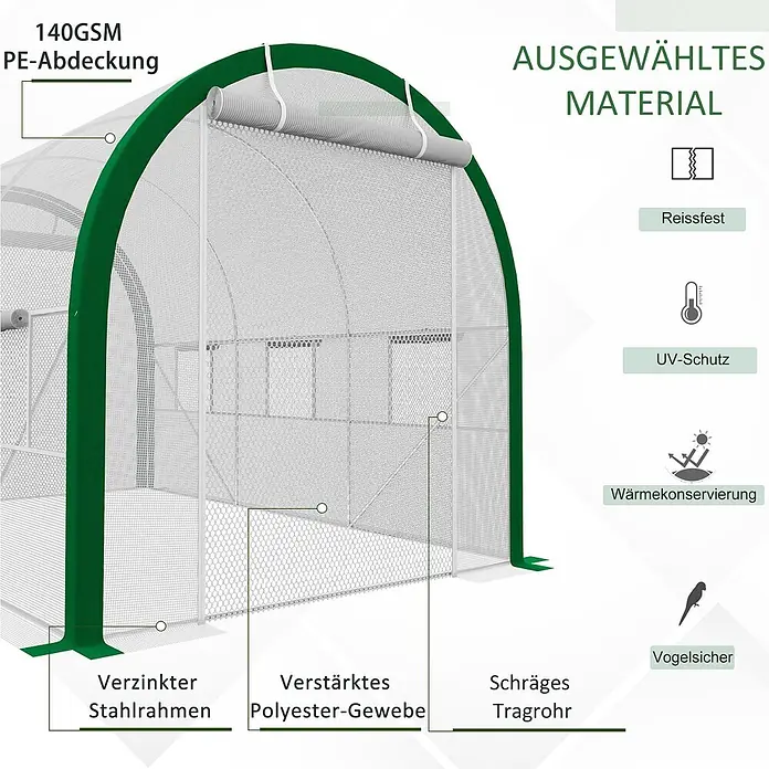 Furnicato Gewächshaus - Außenmaß inkl. Dachüberstand (B x T): 210 x 358 cm, Material Seitenwand: Stahl, 14 mm, Grau - Grünes und weißes Gewächshaus mit 140GSM PE-Gewebeabdeckung und verzinktem Stahlrahmen; UV-Schutz, Wärmeerhaltung und Reißfestigkeit.