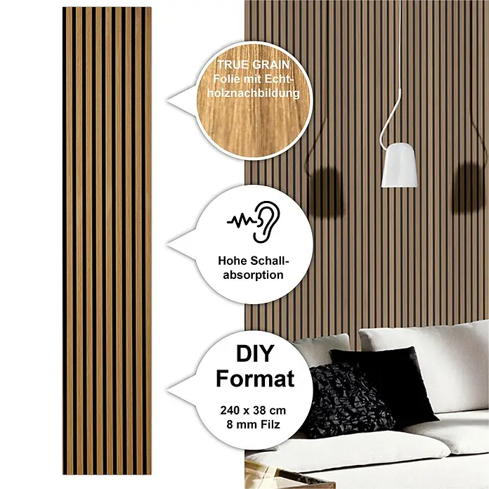acous Akustikpaneel Economico - Eiche rustikal / schwarzer Filz, 2.400 x 380 x 16,5 mm - Akustikpaneel mit Holzlamellen in Naturholzoptik, schallabsorbierend. Im Wohnzimmer installiert.