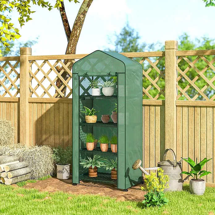 Outsunny Gewächshaus - 69 x 50 cm, Material Seitenwand: Kunststoff, 0,3 mm, Grün - Grünes vierstöckiges tragbares Mini-Gewächshaus mit Netzabdeckung, mit Topfpflanzen im Garten.