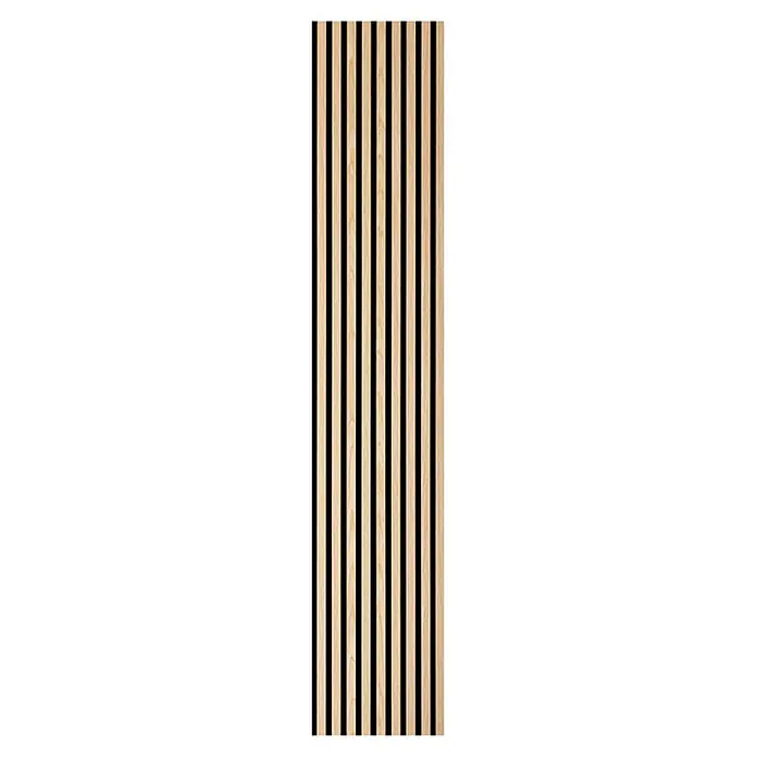 acous Akustikpaneel Economico - Eiche Hellbraun /schwarzer Filz, 2.400 x 380 x 16,5 mm - Vertikale Holzlamellen aus hellem Holz für Wandverkleidungen oder Akustiklösungen.
