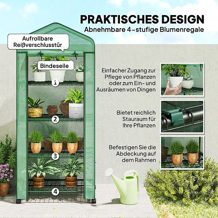 Outsunny Gewächshaus - 69 x 50 cm, Material Seitenwand: Kunststoff, 0,3 mm, Grün - Grünes Mini-Gewächshaus mit 4 abnehmbaren Regalen und aufrollbarer Reißverschlusstür. Bietet viel Platz für Pflanzen und leichten Zugang.