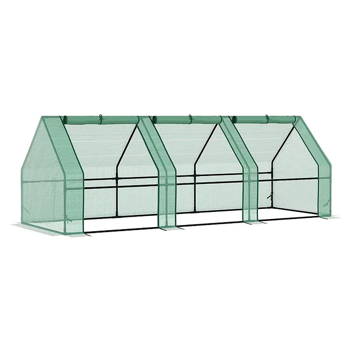 Outsunny Gewächshaus - 270 x 90 cm, Material Seitenwand: Kunststoff, 0,3 mm, Grün - Grünes begehbares Tunnel-Gewächshaus mit Netzabdeckung und aufrollbaren Paneelen.