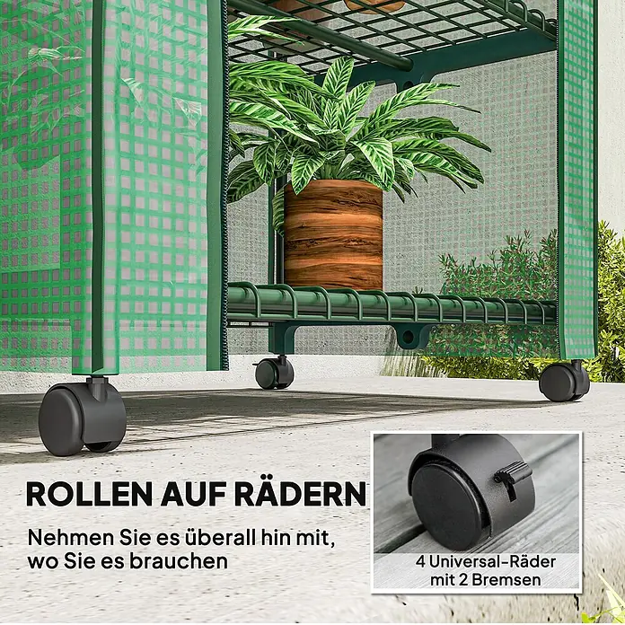 Outsunny Gewächshaus - 69 x 50 cm, Material Seitenwand: Kunststoff, 0,3 mm, Grün - Tragbares Mini-Gewächshaus mit grünem Rahmen und transparenter Abdeckung, auf Rollen mit Bremsen.