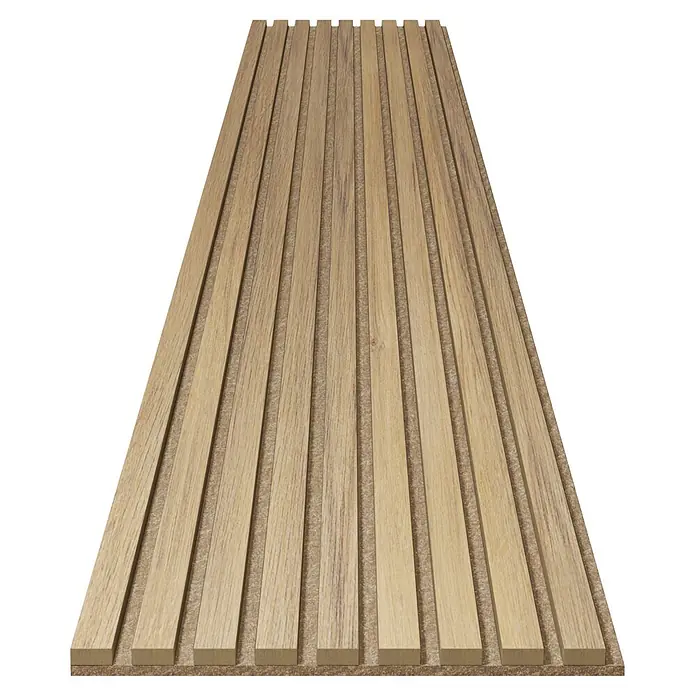 acous Akustikpaneel Economico - Eiche hellbraun / beiger Filz, 2.400 x 380 x 16,5 mm - Akustikpaneel mit hellen Holzlamellen auf Filzunterlage.