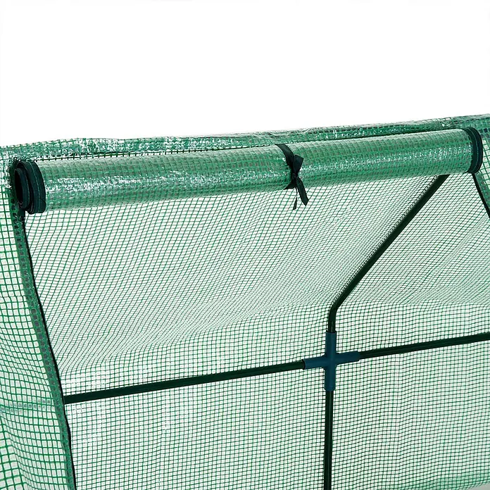 Outsunny Gewächshaus - 270 x 90 cm, Material Seitenwand: Kunststoff, 0,3 mm, Grün - Grüne, gitterverstärkte Gewächshausabdeckung, hochgerollt und befestigt, mit grünem Metallrahmen.