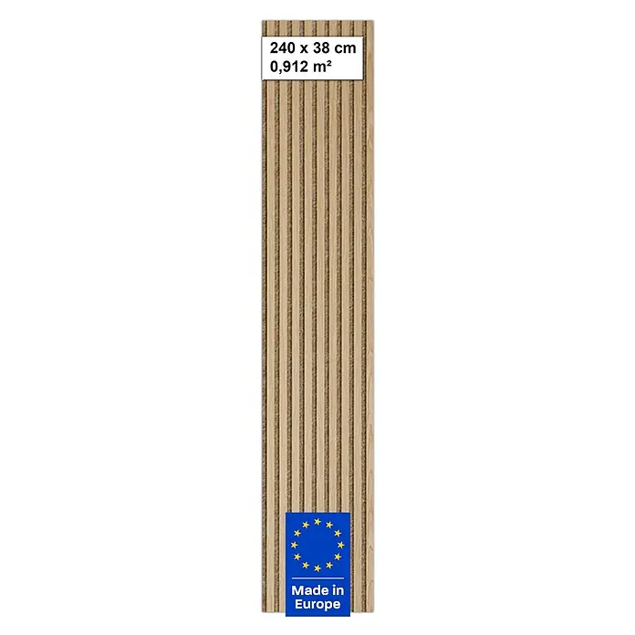 acous Akustikpaneel Economico - Eiche hellbraun / beiger Filz, 2.400 x 380 x 16,5 mm - Helles Akustikpaneel aus Holz mit vertikalen Lamellen, 240 x 38 cm (0,912 m²). Hergestellt in Europa.