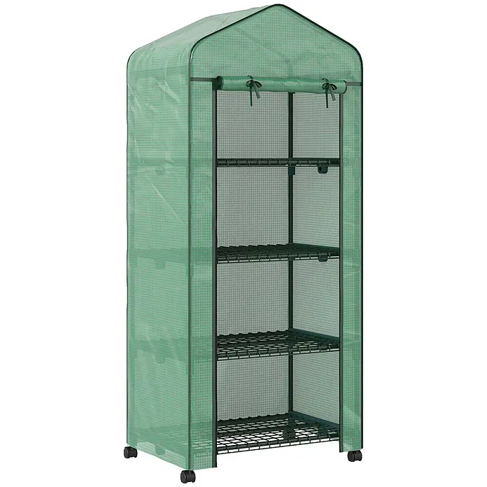 Furnicato Gewächshaus - 50 x 69 cm, Material Seitenwand: Stahl, 14 mm, Grün - Grünes, tragbares Mini-Gewächshaus mit transparenter Abdeckung, A-Dach, vier Gitterböden und Rollen.
