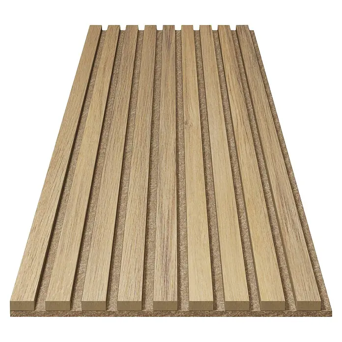 Akustikpaneel Acous Economico - Eiche hellbraun / beiger Filz, 1.200 x 380 x 16,5 mm - Akustikpaneel aus hellem Holz mit vertikalen Lamellen auf Faserplattenunterlage.