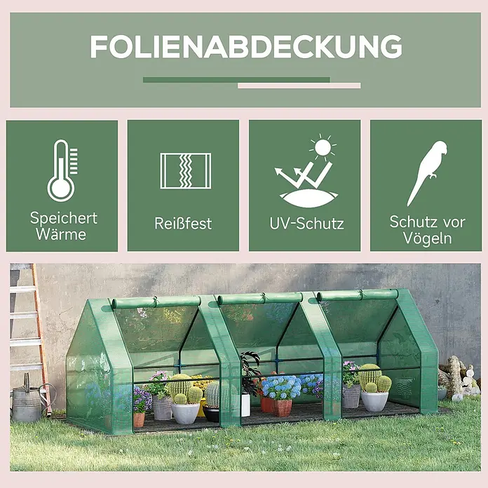 Outsunny Gewächshaus - 270 x 90 cm, Material Seitenwand: Kunststoff, 0,3 mm, Grün - Grüne Foliengewächshäuser mit Netzfenstern schützen Topfpflanzen in einem Garten.