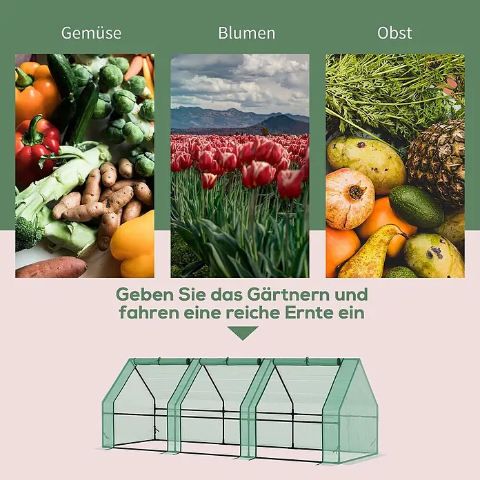 Outsunny Gewächshaus - 270 x 90 cm, Material Seitenwand: Kunststoff, 0,3 mm, Grün - Grünes modulares Gartengewächshaus mit Netzabdeckung, ideal für den Anbau von Gemüse, Blumen und Obst.