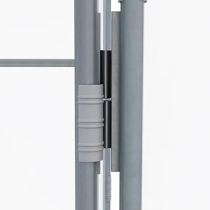 Furnicato Gewächshaus - 200 x 300 cm, Material Seitenwand: Stahl, 14 mm, silber - Graues und schwarzes Scharnier, das zwei vertikale Profile verbindet, wahrscheinlich für eine Glastür.