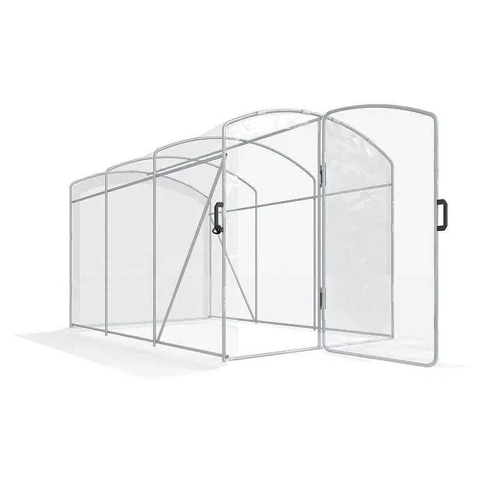 Furnicato Gewächshaus - 200 x 300 cm, Material Seitenwand: Stahl, 14 mm, silber - Tragbares Tunnelgewächshaus mit transparenter Abdeckung und grauem Metallrahmen, Tür offen.
