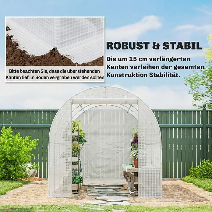 Furnicato Gewächshaus - Außenmaß inkl. Dachüberstand (B x T): 200 x 400 cm, Material Seitenwand: Kunststoff, 14 mm, silber - Robustes, weißes Tunnelgewächshaus mit Gittermuster. Die 15 cm verlängerten Kanten werden für hohe Stabilität im Boden vergraben.