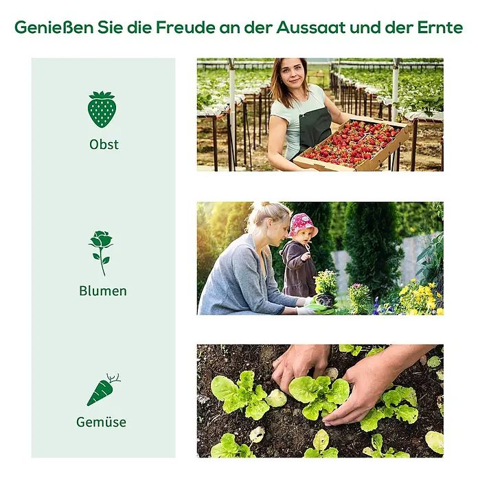 Furnicato Gewächshaus - 200 x 300 cm, Material Seitenwand: Stahl, 14 mm, silber - Collage mit Menschen beim Anbau und der Ernte von Erdbeeren, Blumen und Salat.