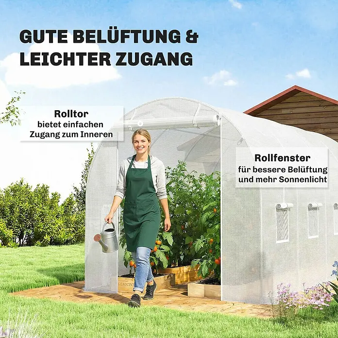 Furnicato Gewächshaus - Außenmaß inkl. Dachüberstand (B x T): 200 x 400 cm, Material Seitenwand: Kunststoff, 14 mm, silber - Eine Frau gießt Pflanzen in einem weißen, durchsichtigen Gewächshaus mit Rolltor und Rollfenstern.