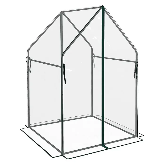 Furnicato Gewächshaus - Außenmaß inkl. Dachüberstand (B x T): 90 x 90 cm, Material Seitenwand: Stahl, 14 mm, silber - Transparentes, hausförmiges tragbares Gewächshaus mit dunkelgrünem Rahmen für Pflanzen.