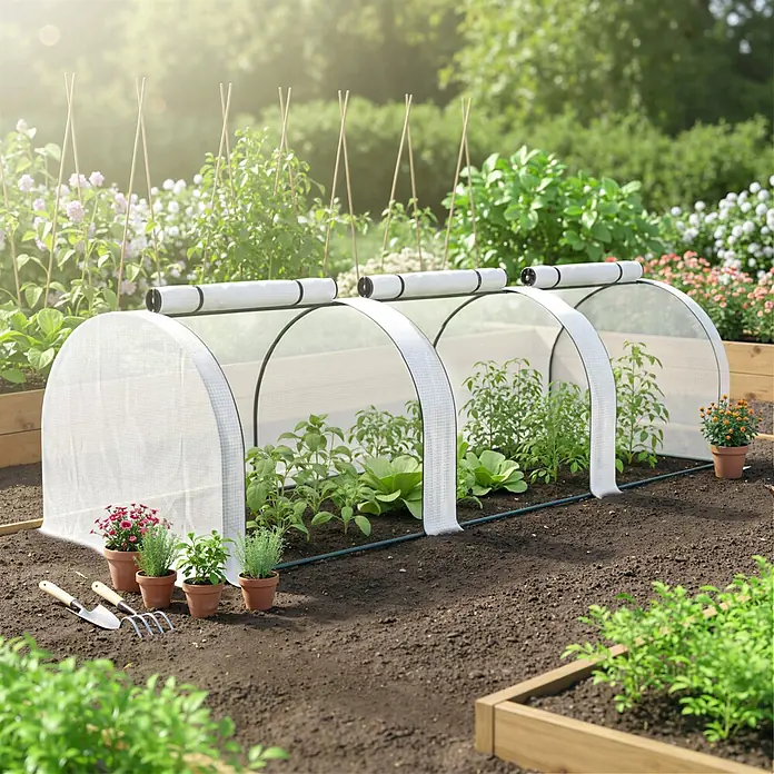 Furnicato Gewächshaus - Außenmaß inkl. Dachüberstand (B x T): 100 x 295 cm, Material Seitenwand: Stahl, 14 mm, weiß - Transluzente, weiße Bogen-Pflanzenabdeckungen schützen Setzlinge im Gartenbeet, mit aufgerollten Oberseiten zur Belüftung.
