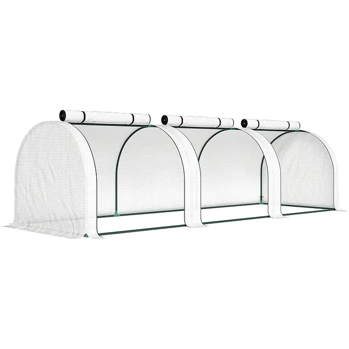 Furnicato Gewächshaus - Außenmaß inkl. Dachüberstand (B x T): 100 x 295 cm, Material Seitenwand: Stahl, 14 mm, weiß - Weißes, lichtdurchlässiges, tragbares Gewächshaustunnel mit grünem Rahmen und aufrollbaren Lüftungsklappen.