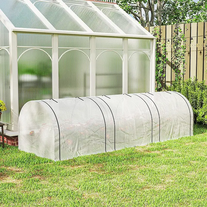Furnicato Gewächshaus - Außenmaß inkl. Dachüberstand (B x T): 100 x 295 cm, Material Seitenwand: Stahl, 14 mm, weiß - Langer, transparenter Tunnel-Gewächshaus mit schwarzen Bögen, schützt rote Pflanzen.