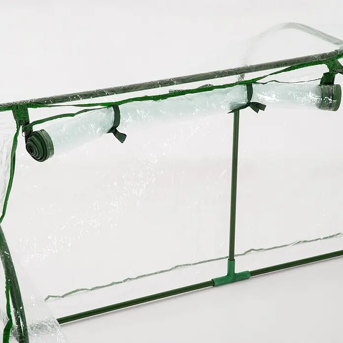 Outsunny Gewächshaus - 200 x 100 cm, Material Seitenwand: Kunststoff, 0,3 mm, Grün - Mini-Gewächshaus mit transparenter Kunststoffabdeckung und grünem Metallrahmen, eine Seite zur Belüftung hochgerollt.