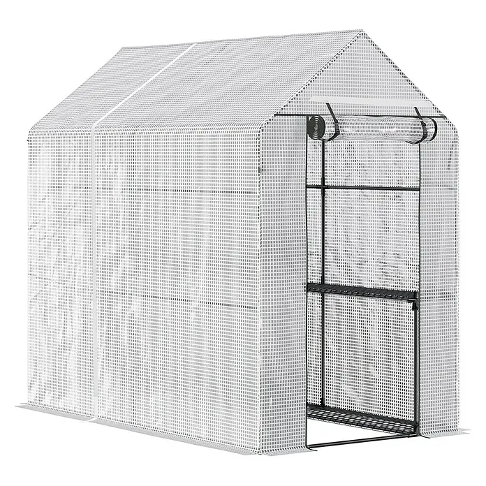 Furnicato Gewächshaus - Außenmaß inkl. Dachüberstand (B x T): 120 x 186 cm, Material Seitenwand: Stahl, 14 mm, weiß - Weißes Minigewächshaus mit Gittermuster, spitzem Dach und schwarzen Regalen. Frontöffnung hochgerollt.
