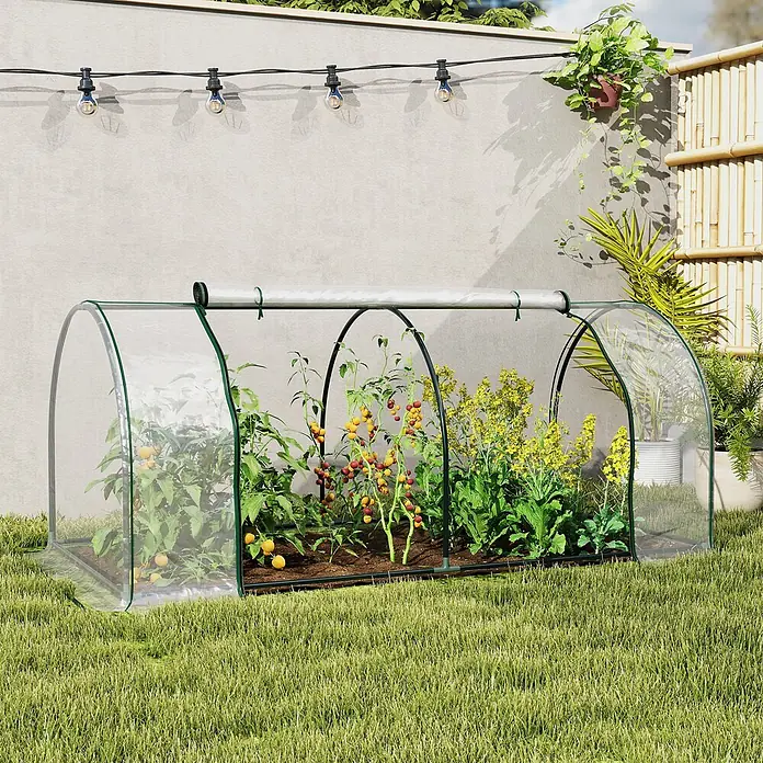 Furnicato Gewächshaus - 100 x 200 cm, Material Seitenwand: Stahl, 14 mm, grün - Transparentes Mini-Gewächshaus mit grünem Rahmen, schützt Pflanzen und Gemüse in einem sonnigen Garten.