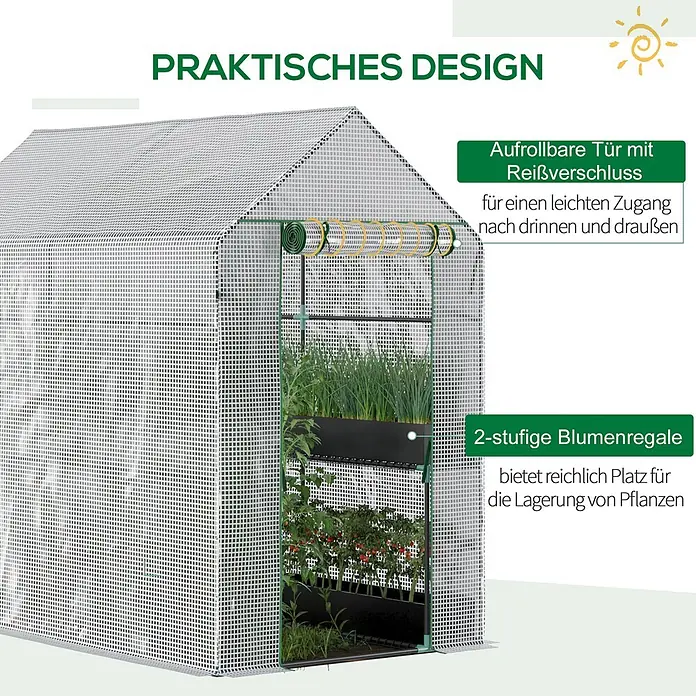 Furnicato Gewächshaus - Außenmaß inkl. Dachüberstand (B x T): 120 x 186 cm, Material Seitenwand: Stahl, 14 mm, weiß - Weißes/transparentes Gewächshaus mit grünem Rahmen, aufrollbarer Reißverschlusstür und 2-stufigen Regalen für Pflanzen.