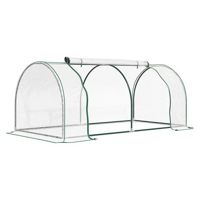 Furnicato Gewächshaus - 100 x 200 cm, Material Seitenwand: Stahl, 14 mm, grün - Transparentes Mini-Gewächshaus mit grünem Metallrahmen und aufrollbarer Abdeckung zum Schutz von Pflanzen.