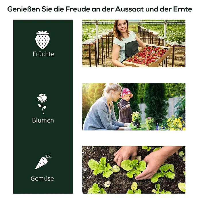 Outsunny Gewächshaus - 200 x 100 cm, Material Seitenwand: Kunststoff, 0,3 mm, Grün - Illustration von Gartenaktivitäten: eine Frau bei der Erdbeerernte, eine Frau und ein Kind beim Blumenpflanzen, Hände pflanzen Salat.