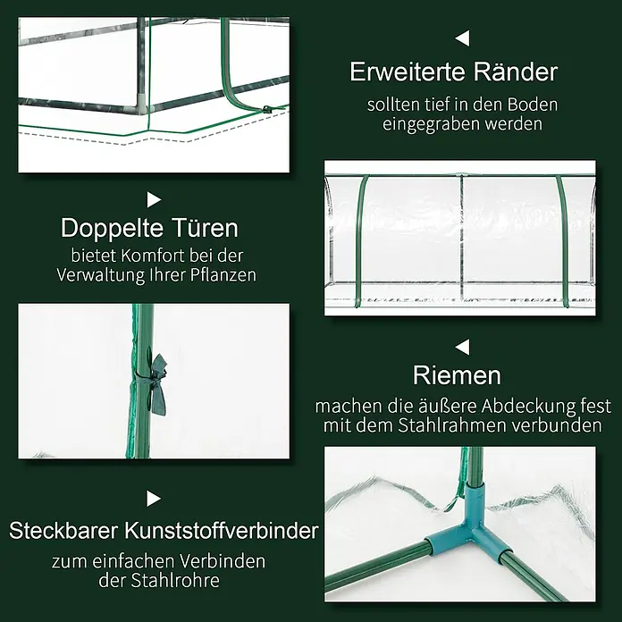 Outsunny Gewächshaus - 200 x 100 cm, Material Seitenwand: Kunststoff, 0,3 mm, Grün - Gewächshausmerkmale: Verlängerte Ränder zum Eingraben, Doppeltüren für Zugang, Riemen zur Befestigung der Abdeckung und Kunststoffverbinder für grünen Stahlrahmen.